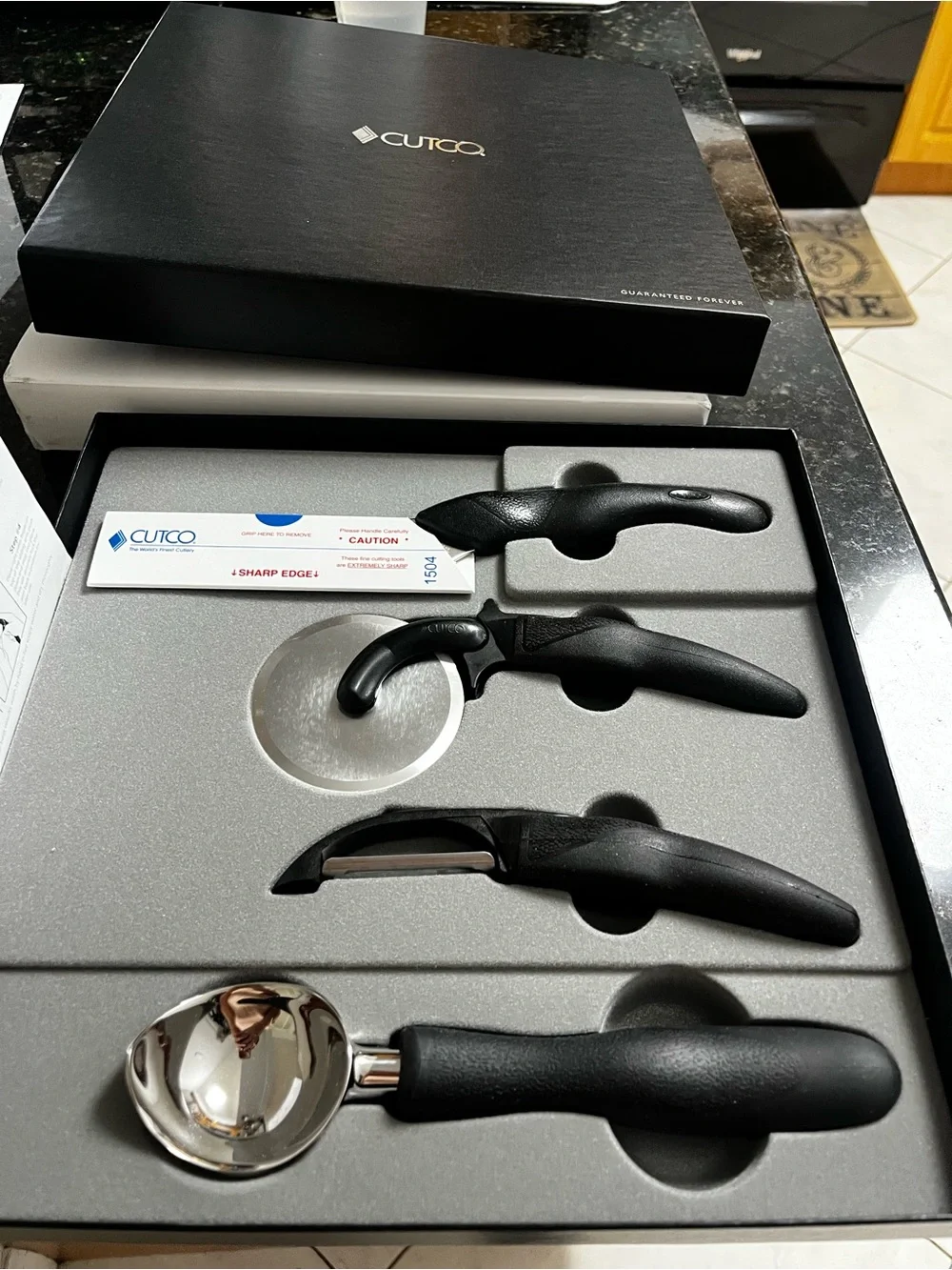 Cutco Black Handle Kitchen Tool Set - Spoon, Peeler, Pizza Cutter, Knife